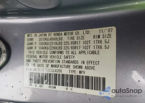 2008 Honda Cr-V Ex-L from USA, damaged, VIN JHLRE48758C024356